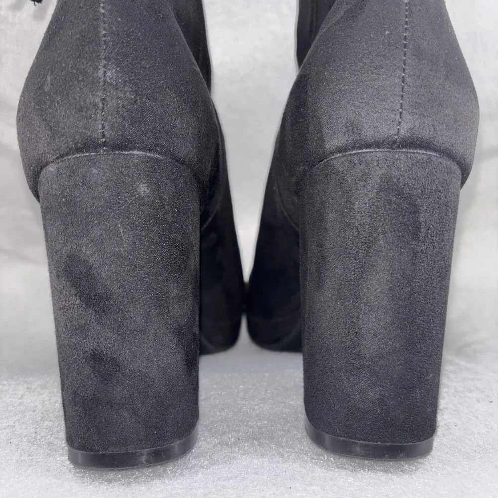 H&M Black Suede Platform High Heel Ankle‎ Boots Womens 6 Gold Tone Side Zip EUC